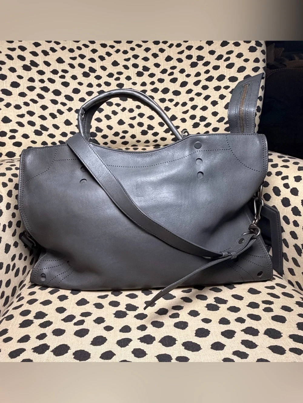 BALENCIAGA Veau Soyeux Perforated Blackout Hardware City Gris Fossile